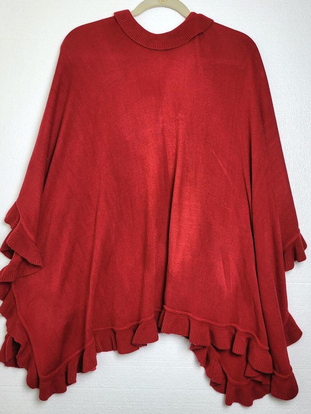 Red Knit Shawl Wrap with Ruffle - Picture 4 of 6